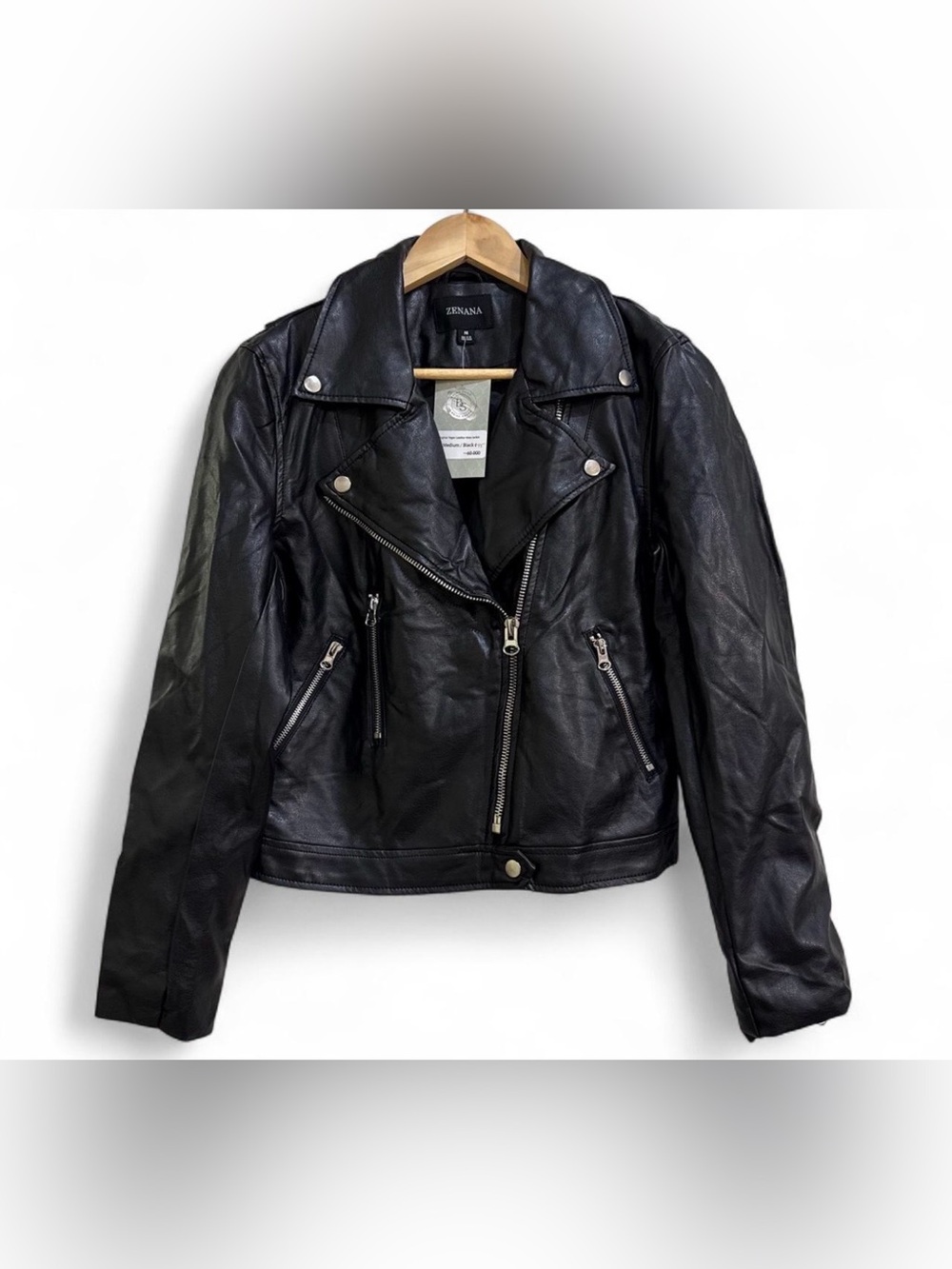Zenana Virginia Black Vegan Leather Moto Jacket Size M NWT